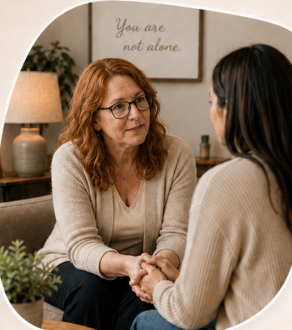 A red-haired grief coach offering compassionate one-to-one support
